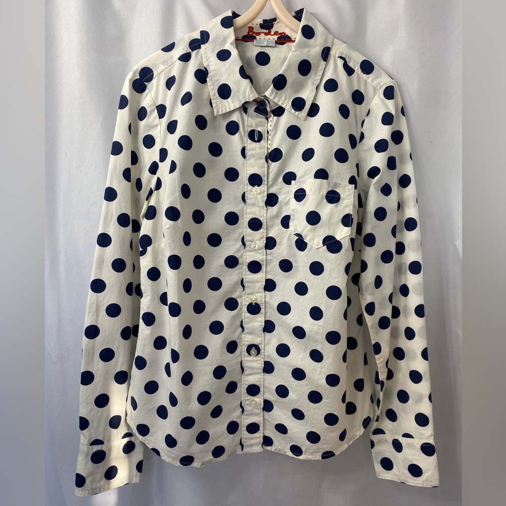 Boden White Button-Down Shirt with Navy Polka Dots